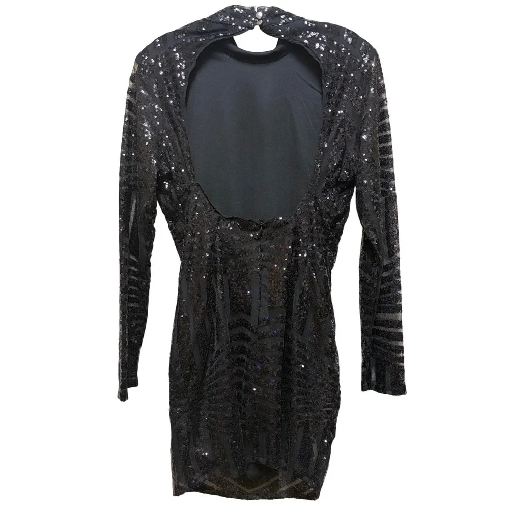 Boohoo Black Sequin Geometric Open Back Mini Dress Long Sleeve US 12